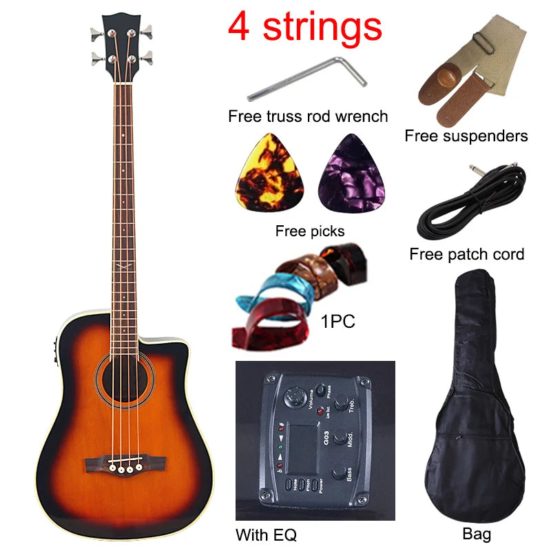 Bajo electroacústico de 43 pulgadas y 4 cuerdas, diseño de guitarra folk con cutaway, con funda y ecualizador.