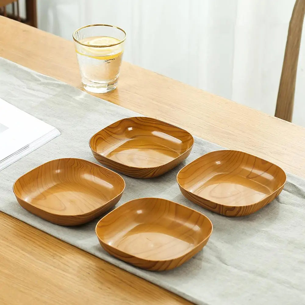 Juego de 5 platos cuadrados de plástico con veta de madera para cocina, estilo japonés, sencillos, para vajilla de cocina, cuencos y platos.