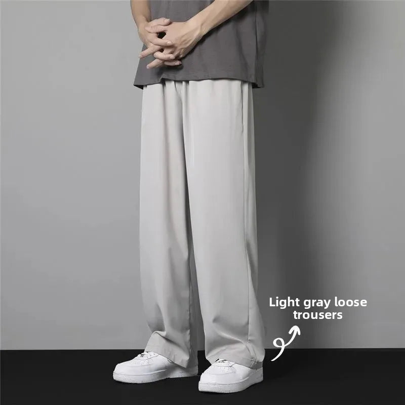 Pantalones de verano de seda de hielo para hombre, finos, holgados, de pierna recta, deportivos, de secado rápido, informales, de pierna ancha y largos, para estudiantes