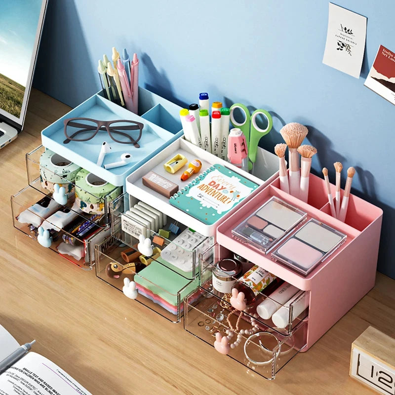 Organizador de escritorio pequeño con cajón, organizador de maquillaje, para tarjetas de presentación, bolígrafos, lápices, teléfono móvil y papelería.