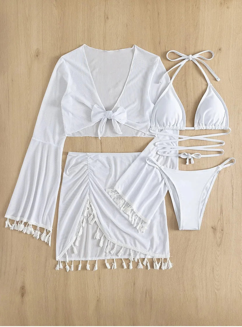 4 Piece Swimming Suit Women Beach Wear Solid Tassel Cover Up Mesh Mini Skirt Bikinis Set Cute Swimming Pool Outfit Summer