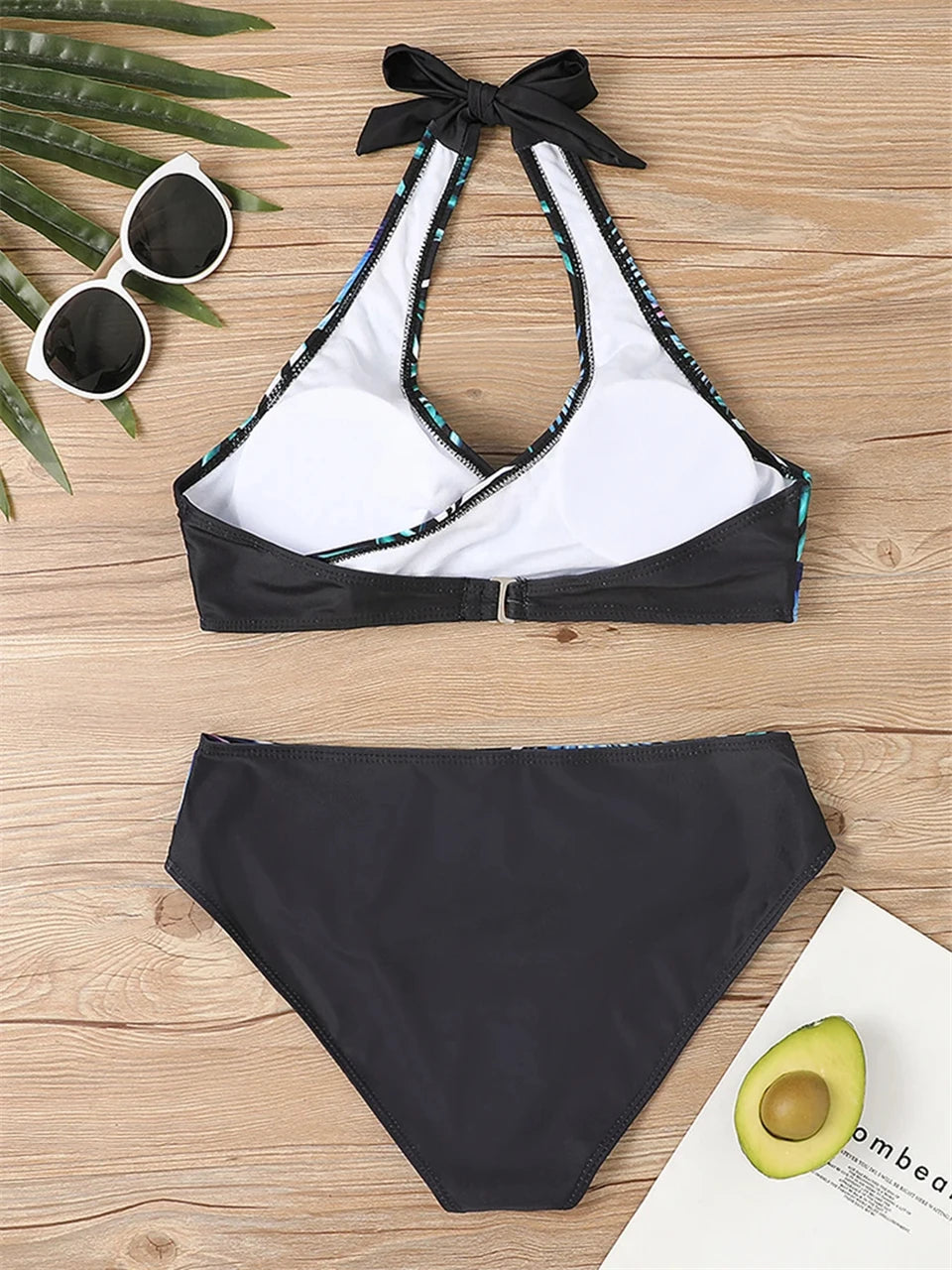 Conjunto de bikini con cuello en V 2024 para mujer, traje de baño de verano con estampado de rayas y patchwork, ropa de playa, traje de baño para mujer, talla 2XL