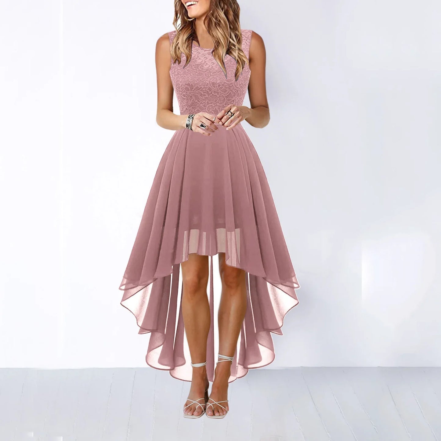 Primavera Verano 2025 Vestido de noche de encaje ceñido con cintura ahuecada Falda midi Sin mangas Cuello redondo Tejido de poliéster Cintura imperio