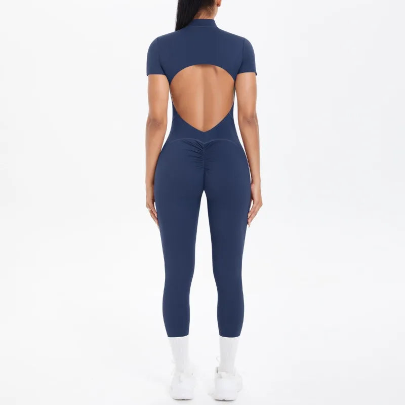 Mono deportivo de yoga sexy con cremallera frontal, espalda descubierta, manga corta, pantalones cortos, ropa deportiva para fitness, correr, gimnasio, yoga y actividades deportivas para mujer.