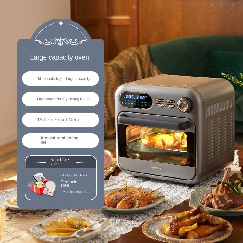 Horno de aire para freír con visualización, multifunción para el hogar, con función de giro, 16 l, horno eléctrico dedicado para hornear, pizza y papas fritas.