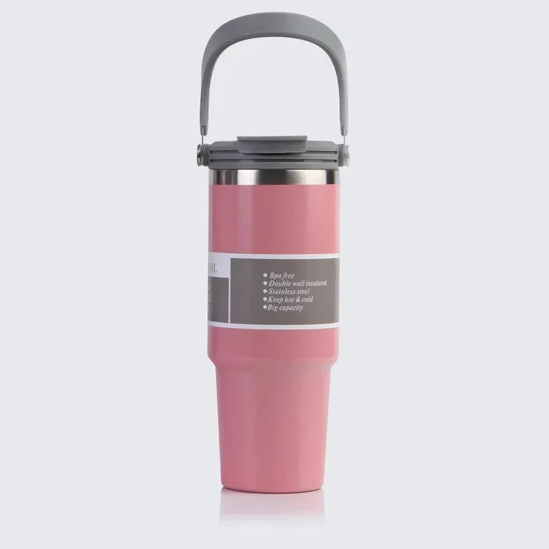Vaso portátil de acero inoxidable de 30 oz con aislamiento para coche, con pajita y doble pajita para bebidas frías, ideal para usar en el vehículo.