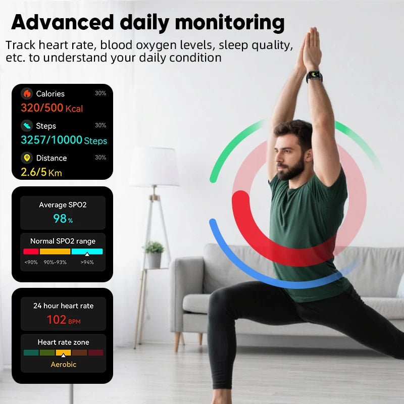 Reloj inteligente de 2,01 pulgadas para hombre y mujer, con linterna LED, control del ritmo cardíaco, para deportes al aire libre y fitness, resistente al agua