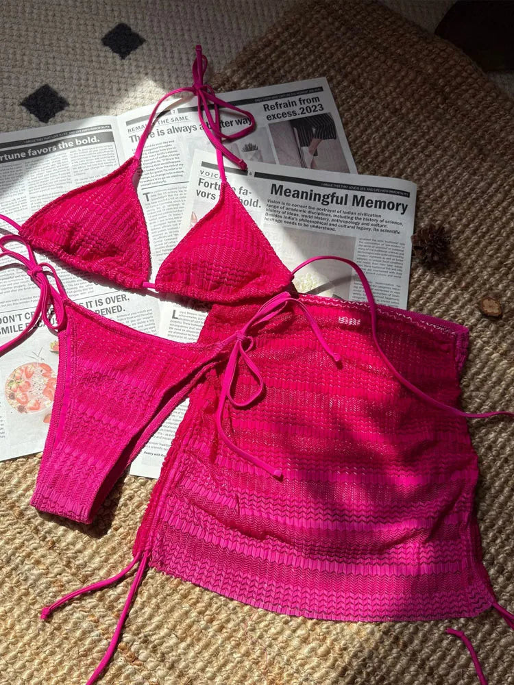 VigoBreviya - Conjunto de bikini de 3 piezas con falda y degradado para mujer, traje de baño sexy con cuello halter, push up, tanga de corte alto atada, 2024