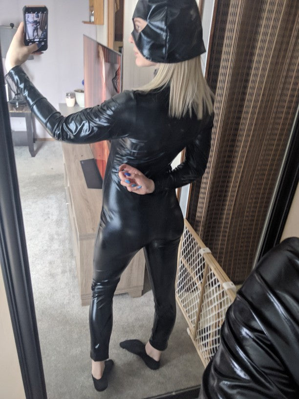 Sexy Cat Womens Jumpsuit Zentai Suit Fancy Dress Shiny Black Wetlook Leather Cat Catsuit Halloween Costumes For Women