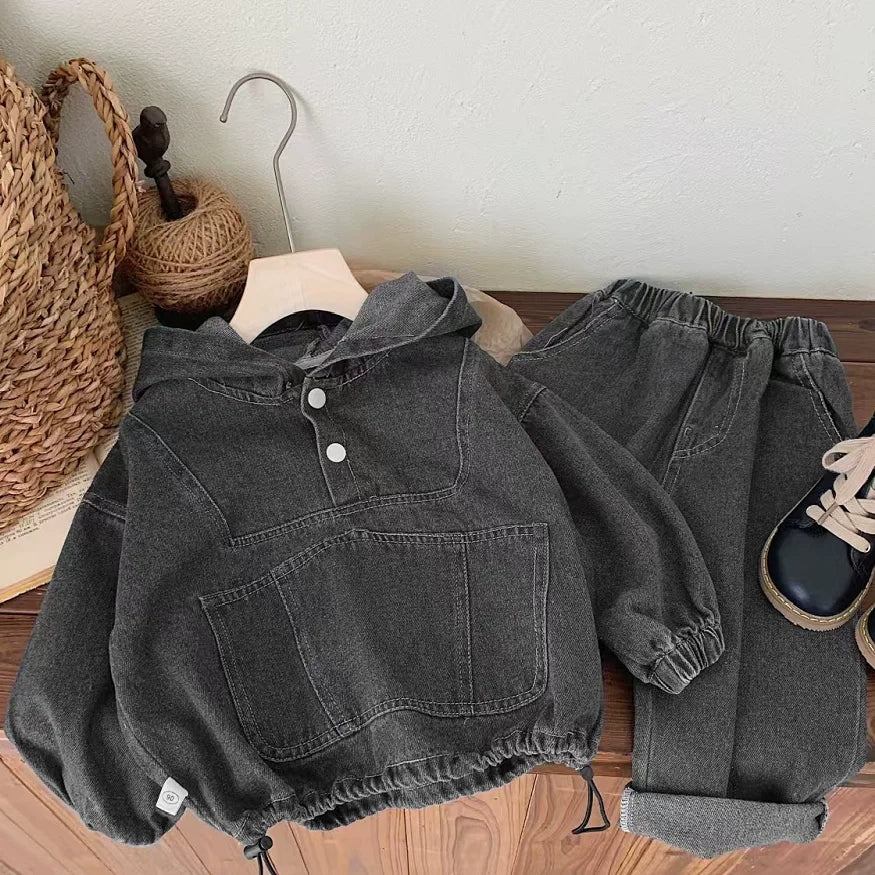 Ropa para niños Primavera y Otoño, sudadera con capucha de mezclilla para niño, conjunto de pantalón y top de manga larga de color liso Baoyang para mujer