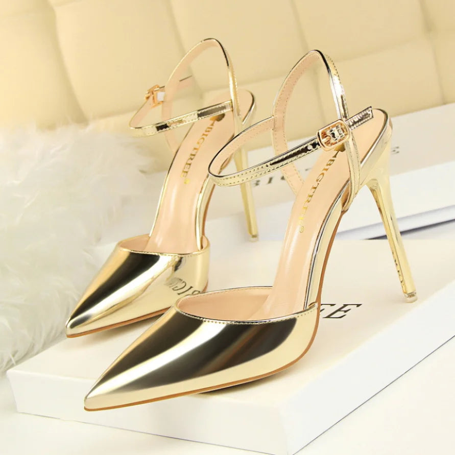 Zapatos de tacón ultraalto, sencillos, delgados, de piel pintada, sexis, para discoteca, con tiras de una palabra, para mujer, 86-1