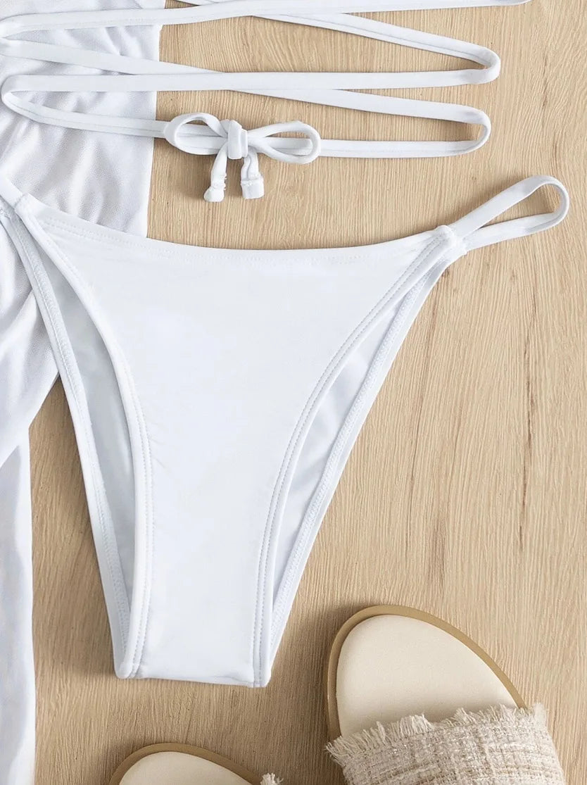 4 Piece Swimming Suit Women Beach Wear Solid Tassel Cover Up Mesh Mini Skirt Bikinis Set Cute Swimming Pool Outfit Summer