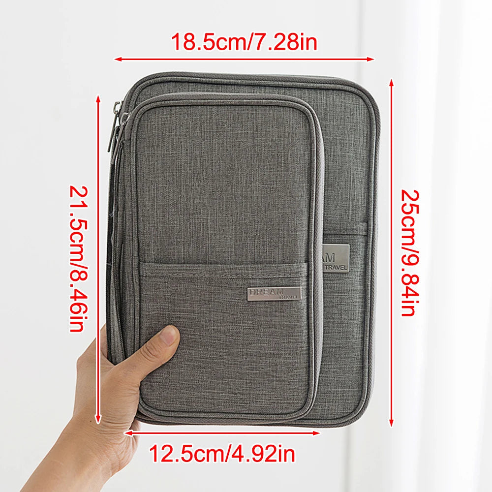 Organizador de documentos de viaje: porta pasaporte impermeable con bloqueo RFID, ranuras para múltiples tarjetas y bolsillo con cremallera para avión/tren.