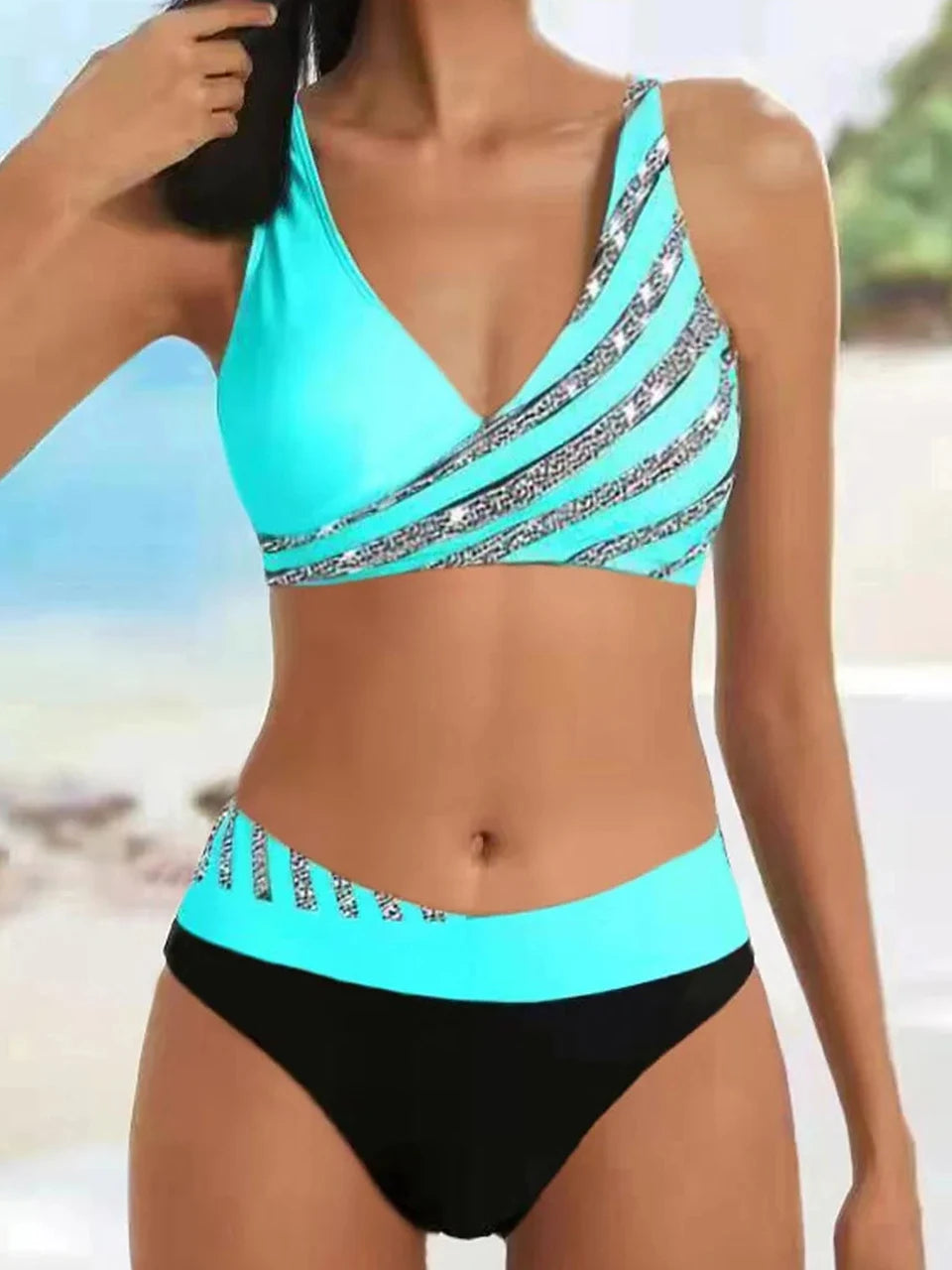 Conjunto de bikini con cuello en V 2024 para mujer, traje de baño de verano con estampado de rayas y patchwork, ropa de playa, traje de baño para mujer, talla 2XL