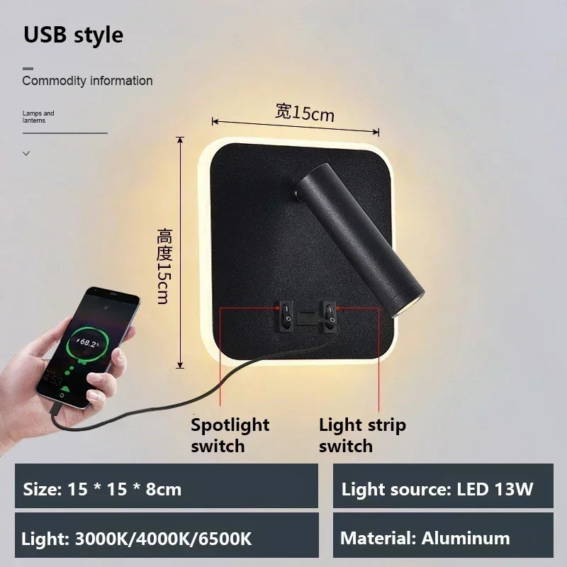 Lámpara de pared LED, luz de lectura, dormitorio, teléfono, carga inalámbrica, carga USB, luces de pared giratorias, lámpara de lado para sala de estar