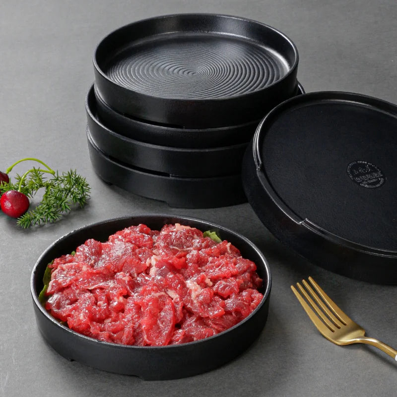 Plato de melamina negro para cena, sartenes de sushi gruesas, platos de barbacoa de porcelana de imitación, bandeja para servir comida en casa, vajilla para el hogar.