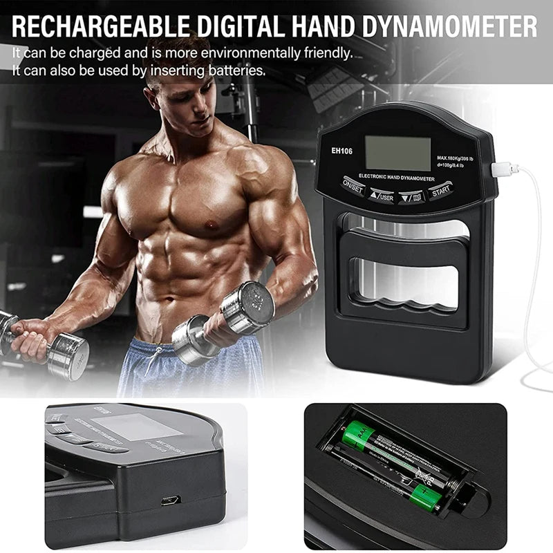Dinamómetro digital de mano de 180 kg con pantalla LCD para entrenamiento de antebrazo y levantamiento de pesas.
