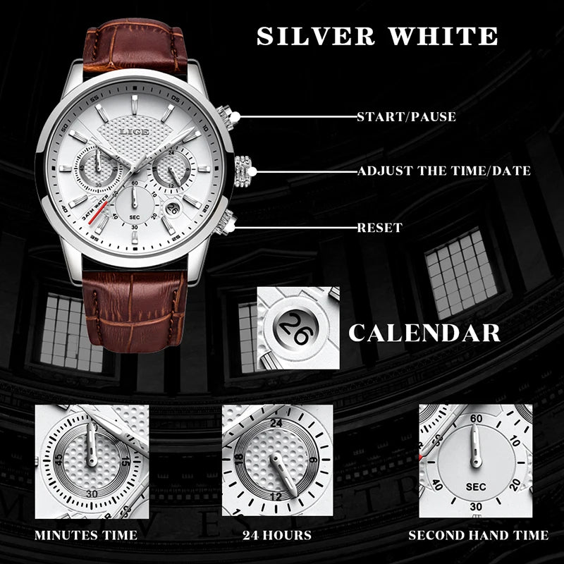 LIGE 2024 Reloj de lujo para hombre, reloj de cuarzo informal de negocios, reloj de pulsera de cuero a la moda para hombre, reloj impermeable para hombre