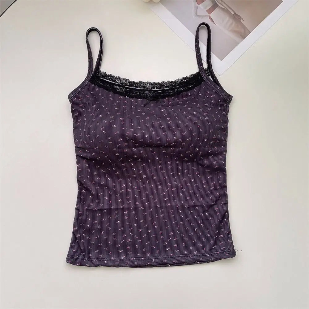 Camisola elegante con estampado floral de encaje 2024 Y2K, chaleco sexy ajustado, tops florales, talla única, camisetas sin mangas florales, primavera