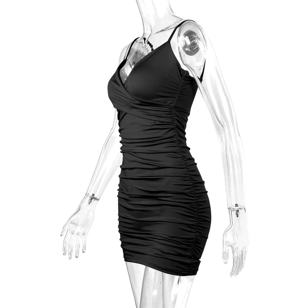 7 Color Sexy Wrinkled Pleated V Neck Sling Dress Short Club Ladies 2025 Summer Bodycon Dress Evening Party Tight Mini Dress D007