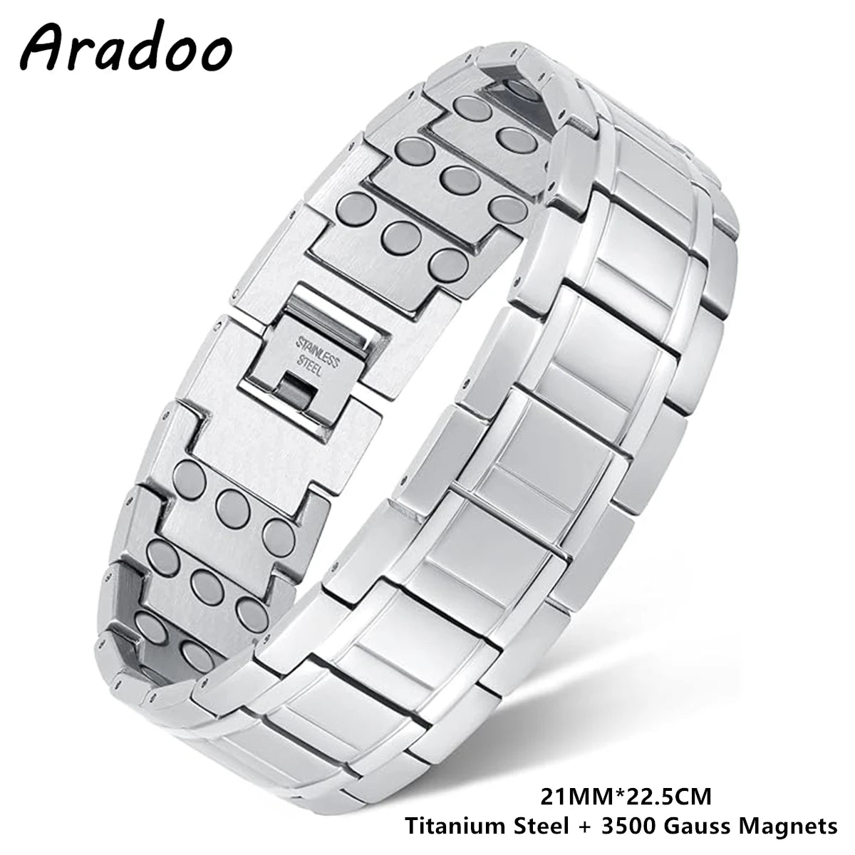 Pulseras clásicas de acero y titanio ARADOO con 3 imanes de neodimio ultrarresistentes, pulsera de eslabones de cobre para terapia magnética.
