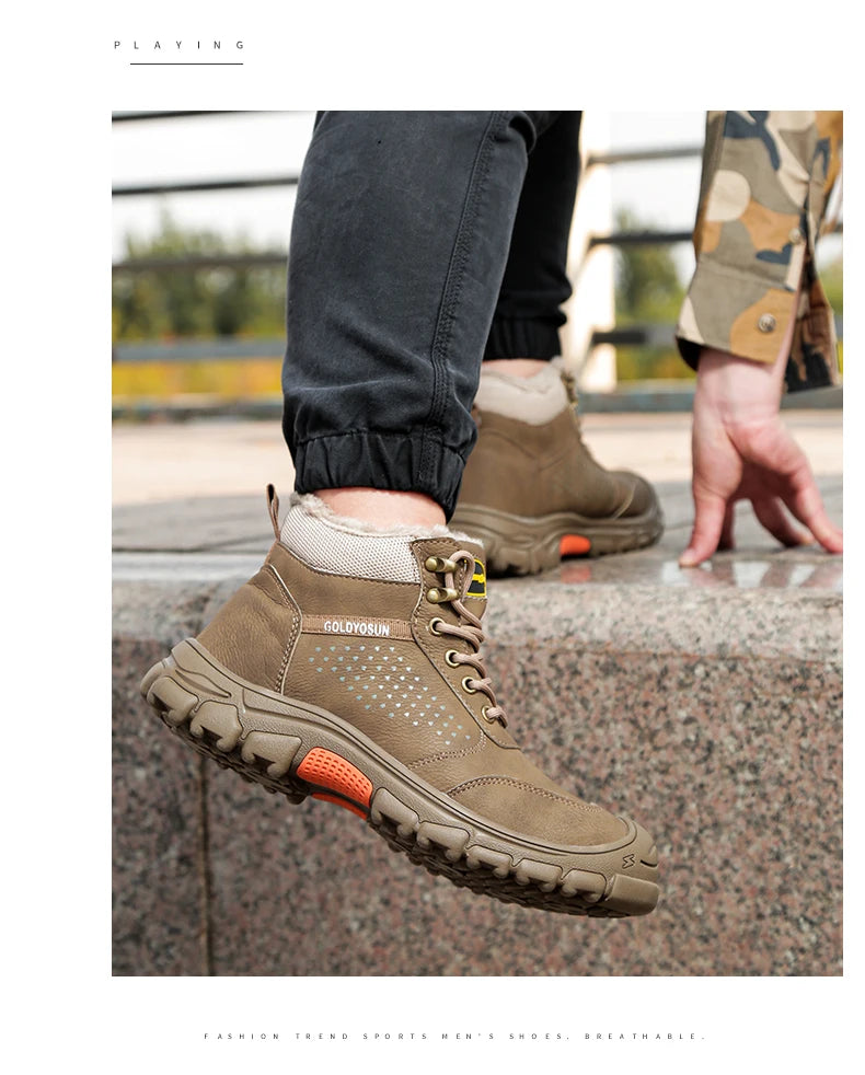 Nuevos zapatos de seguridad de trabajo de lana gruesa de invierno para hombres, botas de trabajo con puntera de acero, zapatos de seguridad antideslizantes, botas de nieve para hombre.