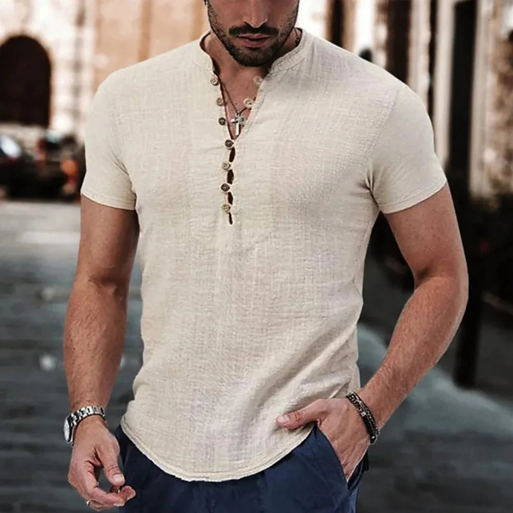 Nueva camiseta de manga corta para hombre, de algodón y lino con botones. Ropa casual para hombre. Camisetas populares para hombre.