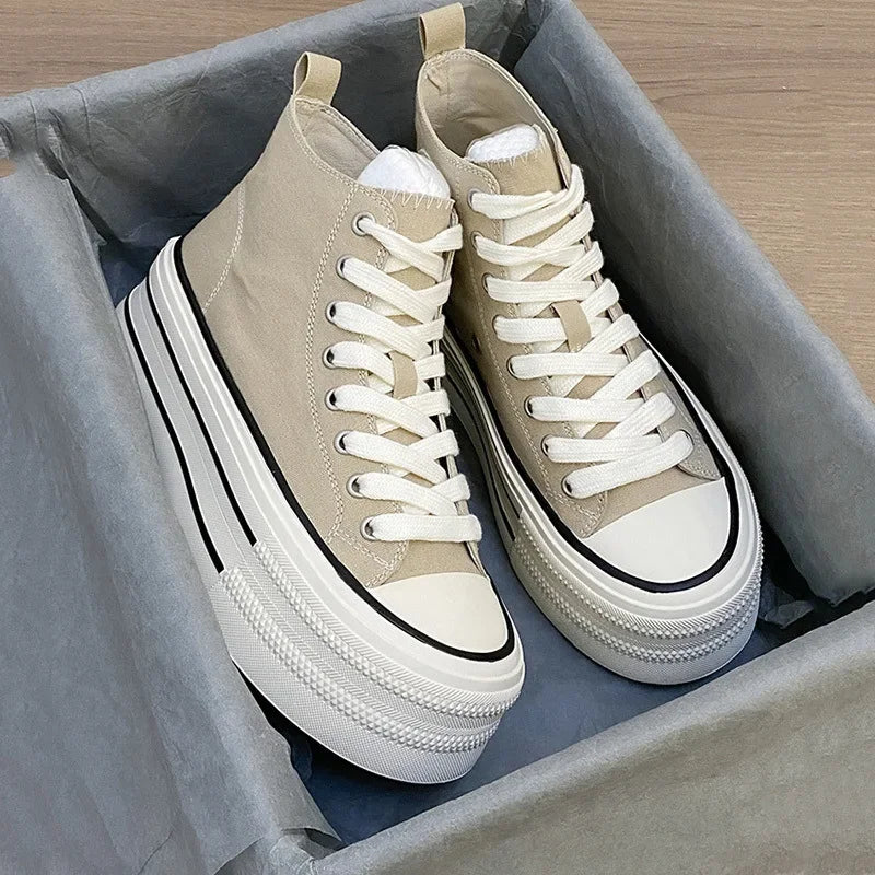 Zapatos de lona altos para mujer, transpirables, con suela gruesa de goma, estilo universitario, versátiles, para verano, color blanco
