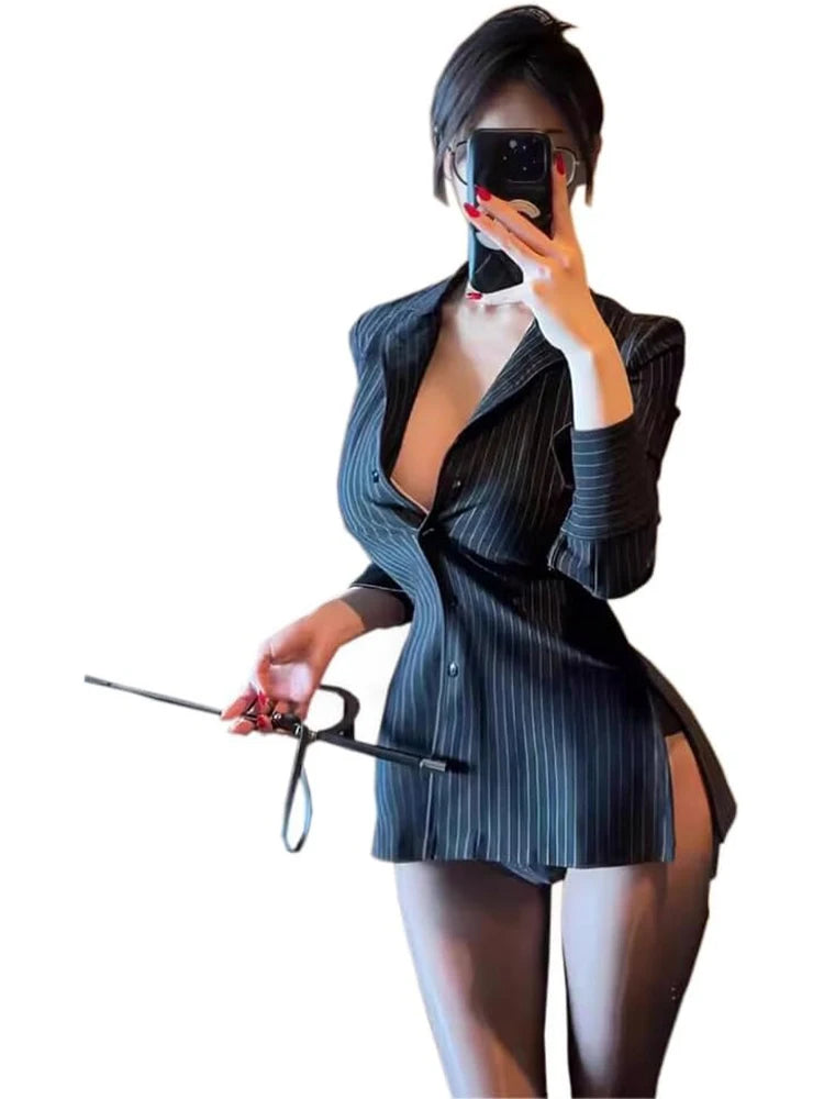 Sexy OL Secretarial Uniform Cosplay Costume Teacher Outfits Shirt Leather Mini Skirt Suit Role Play Nightclub Clothing Halloween