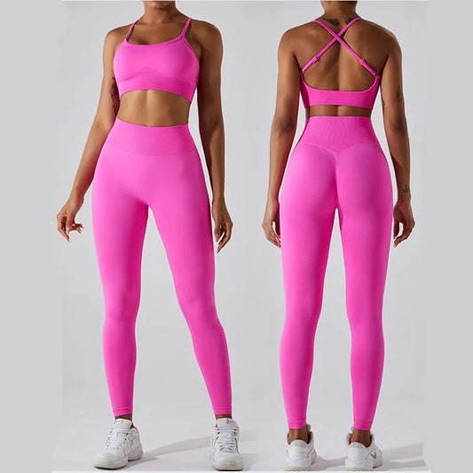 Conjunto de yoga de dos piezas para mujer, sujetador deportivo con espalda cruzada de color liso, top color miel melocotón, leggings de secado rápido para realce de cadera, traje deportivo de fitness