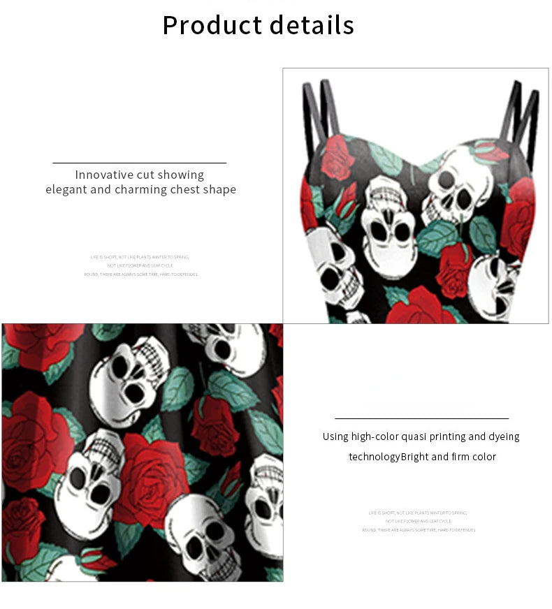 Halloween Costume Skeleton Rose Print Women Girl Female Goth Horror Rockabilly Carnival Fancy Dress Up Party Performance