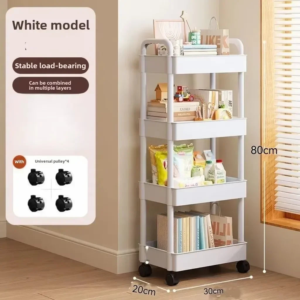 Carrito de almacenamiento multifuncional blanco con ruedas 2025: estantes abiertos para sala de estar y exhibición de libros, ideal para cocina y dormitorio.