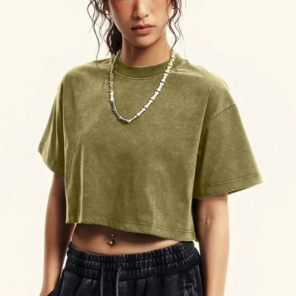 Camiseta lavada ajustada y lisa, moda femenina, algodón suave, ropa de calle, informal, deportiva, de manga corta, estilo retro, para mujer