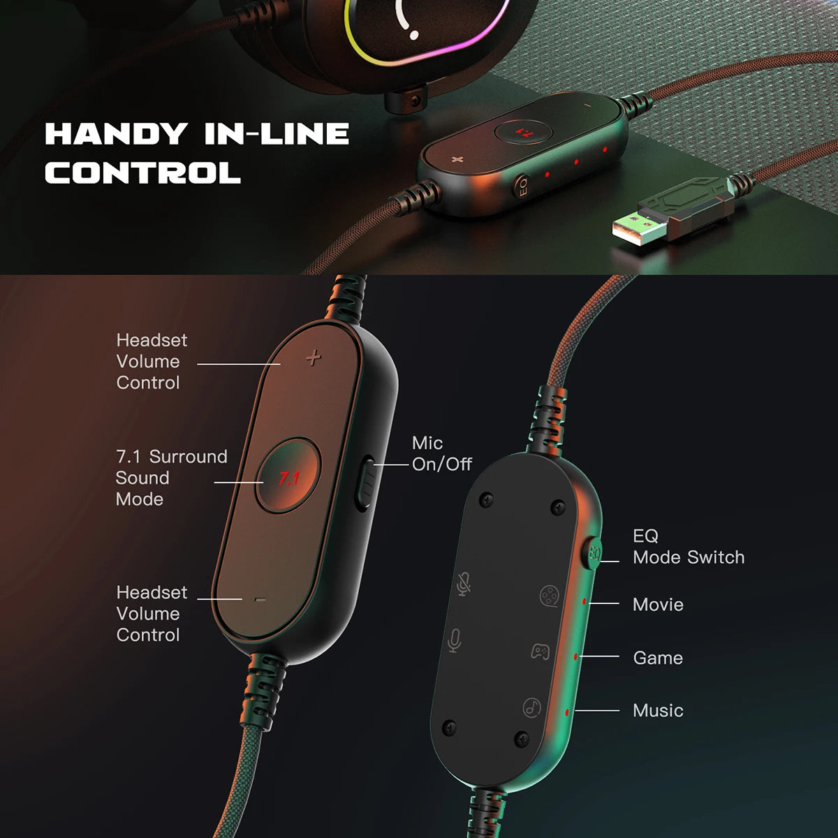 Auriculares para juegos Fifine Dynamic RGB con micrófono, supraaurales, sonido envolvente 7.1 para PC, PS4 y PS5, 3 opciones de ecualización, para juegos, películas y música.