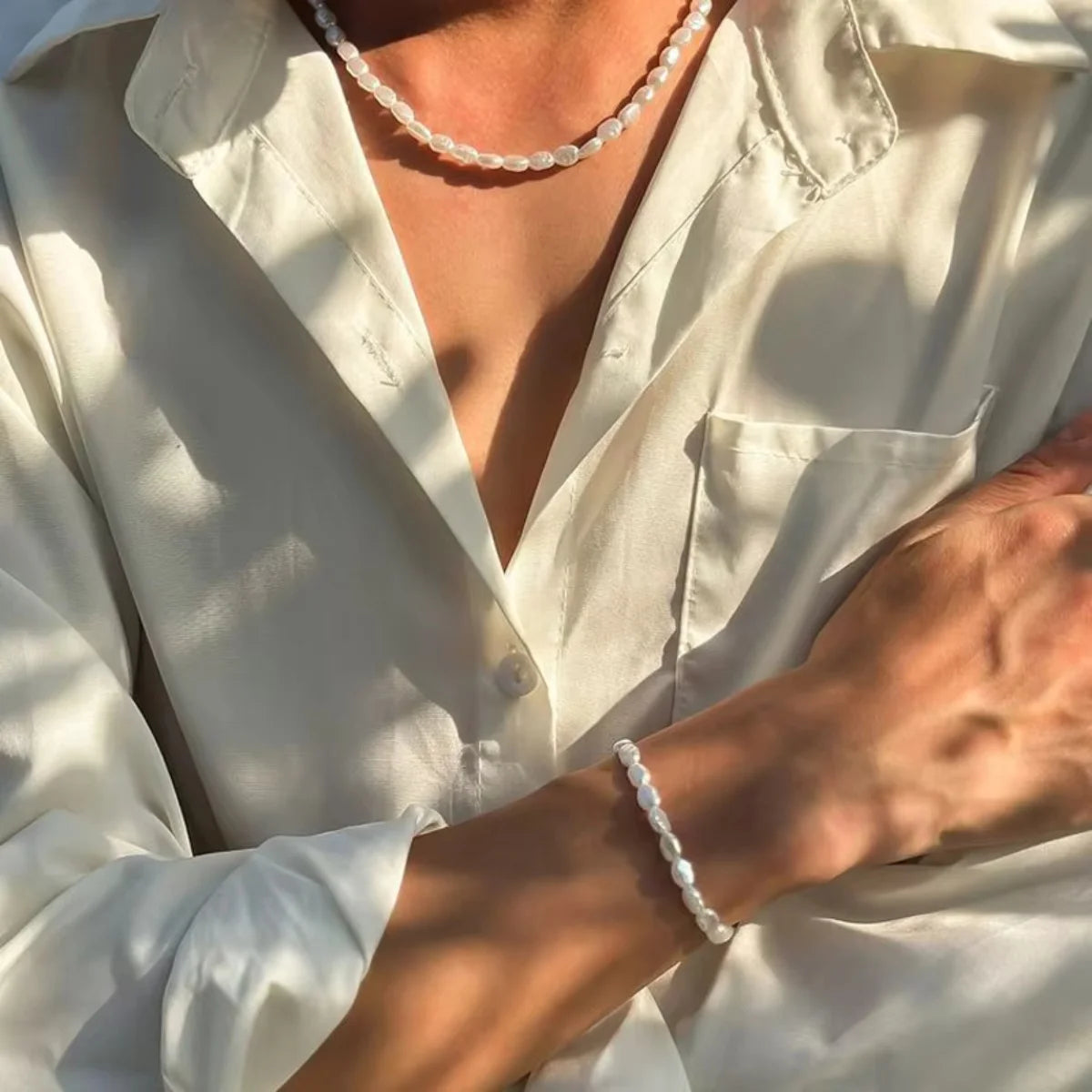 Collar y pulsera de cadena de perlas de imitación hechos a mano estilo bohemio para hombre, moderno conjunto de joyería vintage con cadena para clavícula y cuello, estilo steampunk.