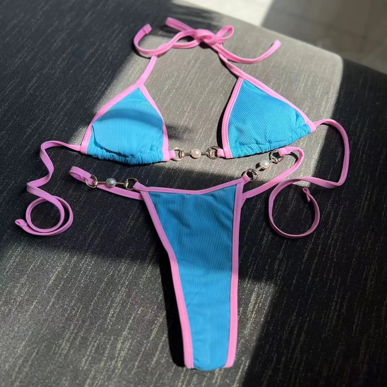 Bikini sexy acanalado, microbikini, novedad de 2023, bañador de cadena para mujer, traje de baño brasileño, bikini blanco y naranja.