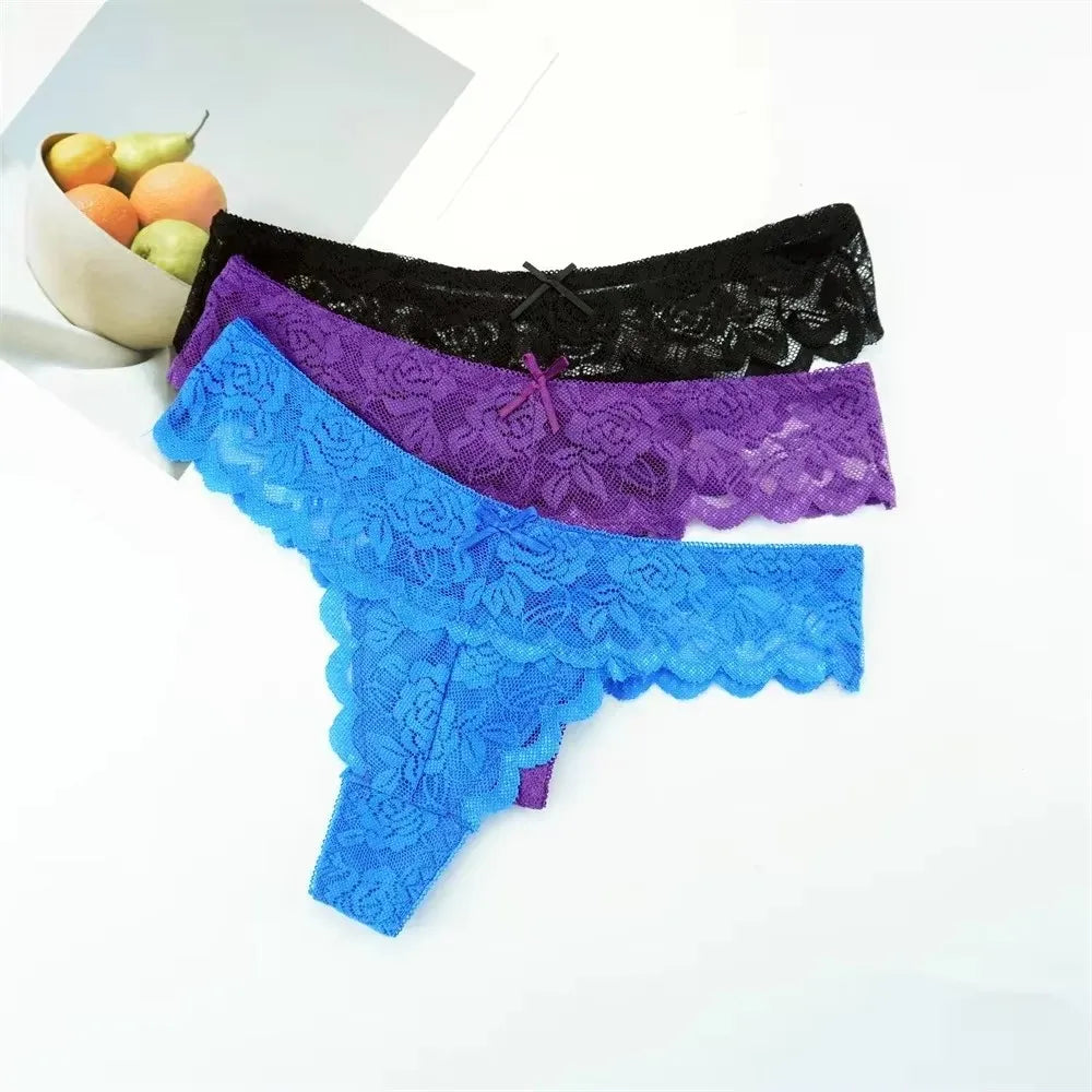 Tanga sexy de encaje de cintura baja para mujer, bragas transparentes, ropa interior erótica, 3 unidades, envío gratis