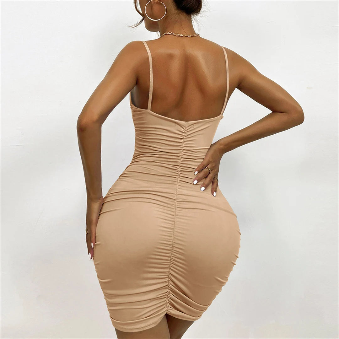 7 Color Sexy Wrinkled Pleated V Neck Sling Dress Short Club Ladies 2025 Summer Bodycon Dress Evening Party Tight Mini Dress D007