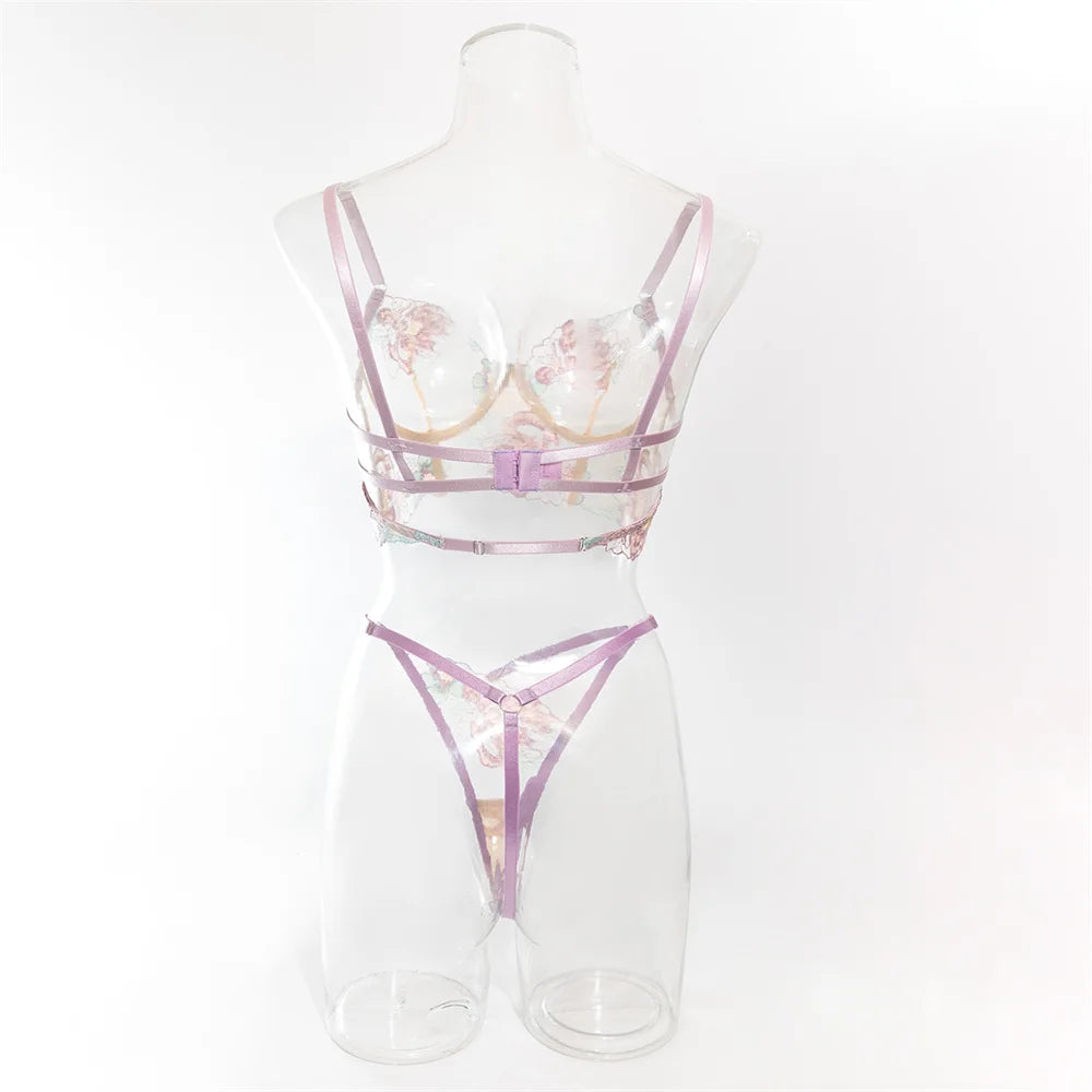 Conjuntos de lencería sexy con bordado floral para mujer, conjunto de sujetador y tanga de encaje transparente, conjuntos sensuales y delicados, ropa de juego para parejas