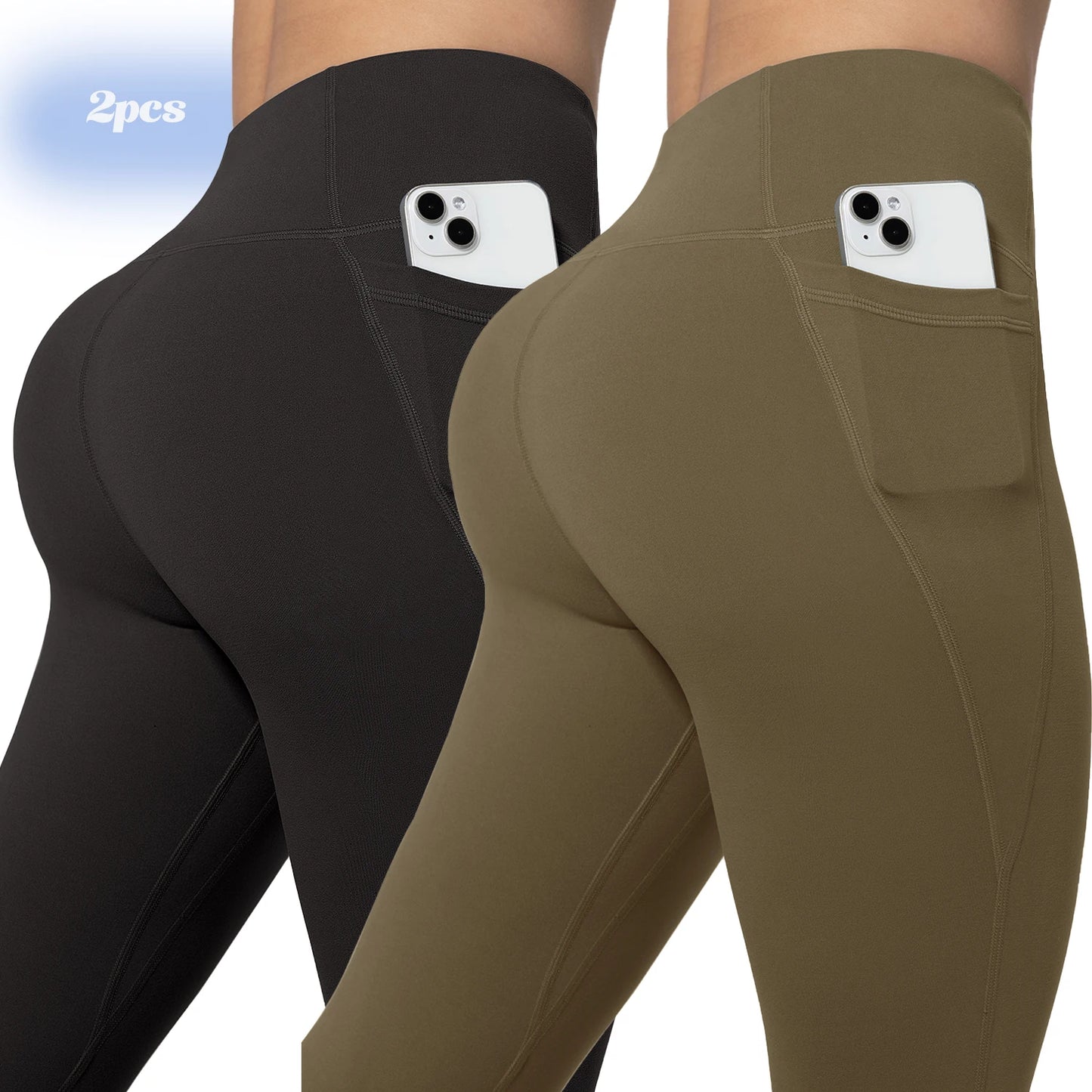 Leggings de yoga para mujer, 2 unidades, con bolsillos, color liso, para gimnasio, actividades al aire libre, cintura alta, ajustados, pantalones deportivos para correr.