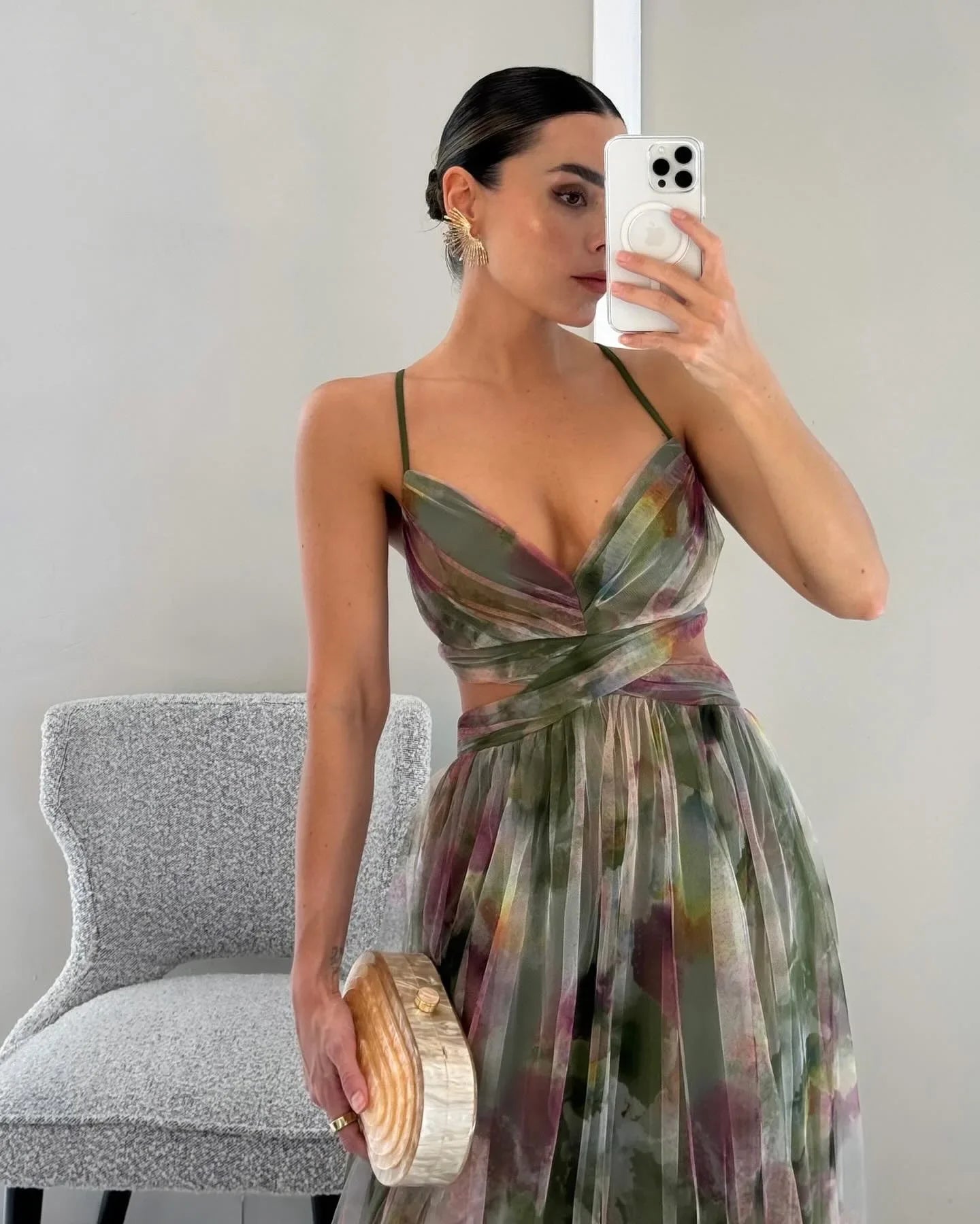 Sexy Hollow Out Party Dress, Women Summer Loungewear Fashion Printing Maxi Dress, Sleeveless Lace-Up Ladies Dress Vestido