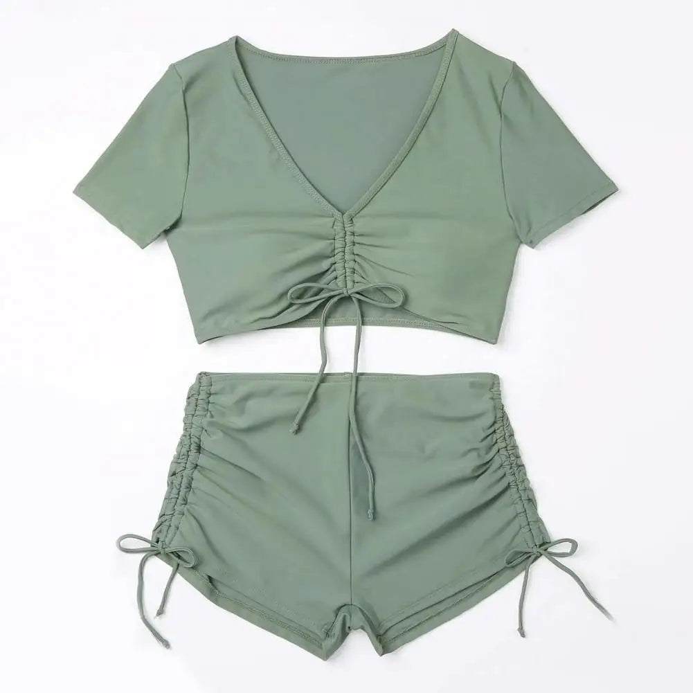 2Pcs/Set Swimsuit for Women Bikini Set V-Neck Short Sleeve Tops High Waist Drawstring Swimming Trunks Quick Drying Swimsuit