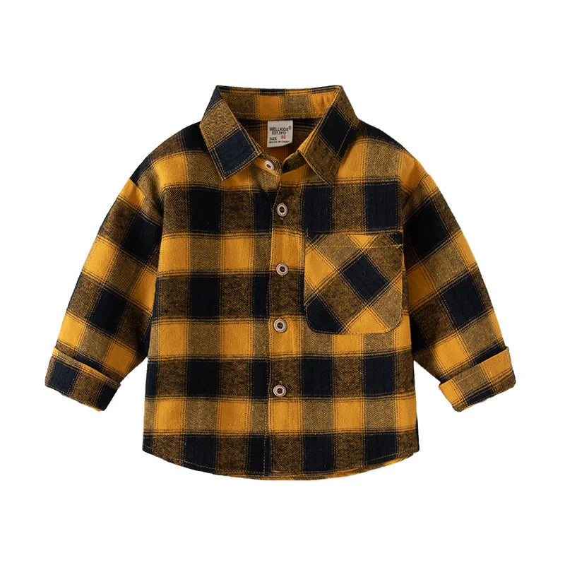 Ropa para niños nueva 2025, camisas para niños con cuello, ropa de algodón de manga larga para bebés, blusa informal a cuadros para niños de 2 a 7 años