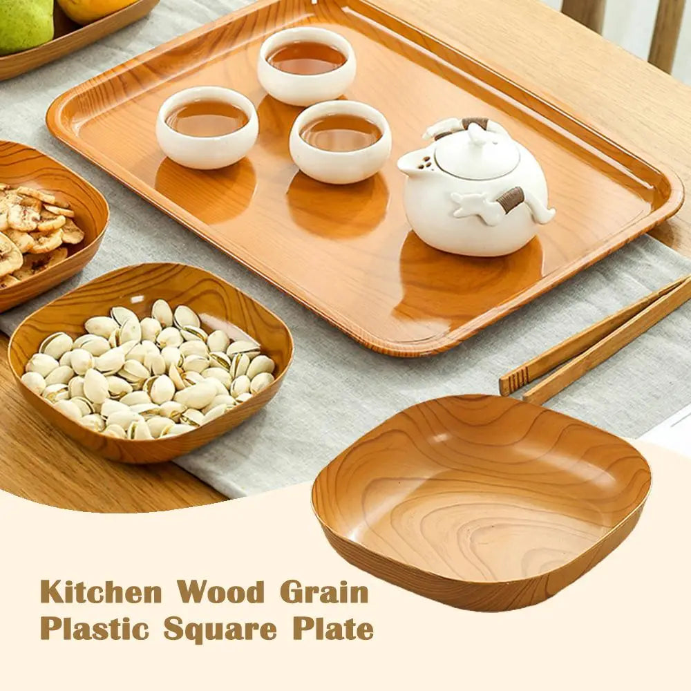 Juego de 5 platos cuadrados de plástico con veta de madera para cocina, estilo japonés, sencillos, para vajilla de cocina, cuencos y platos.