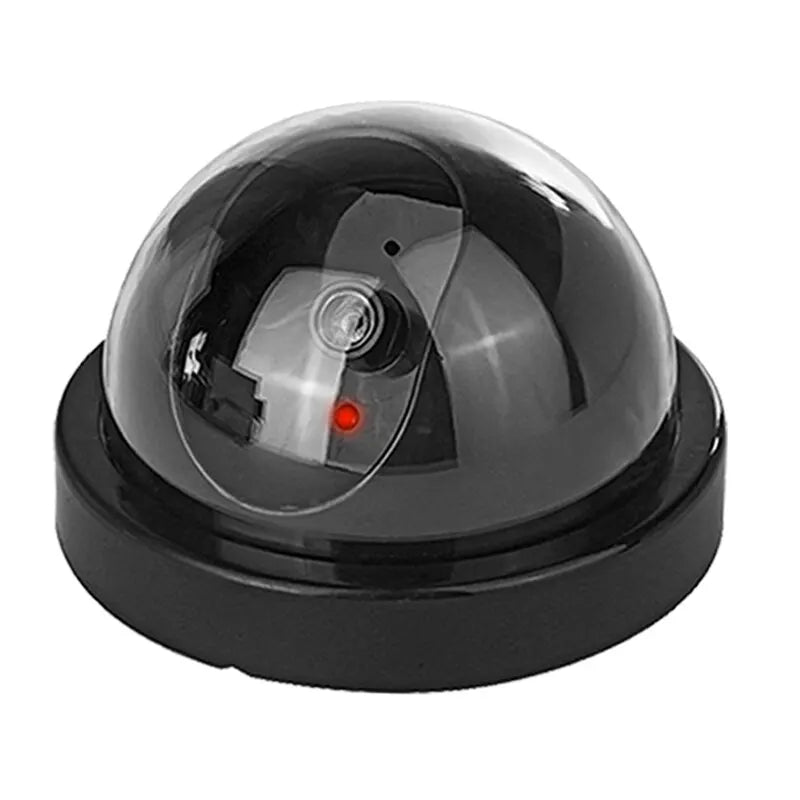 Cámara de seguridad domo falsa con luz LED roja, funciona con pilas y no requiere cableado. Ideal para interiores y exteriores.