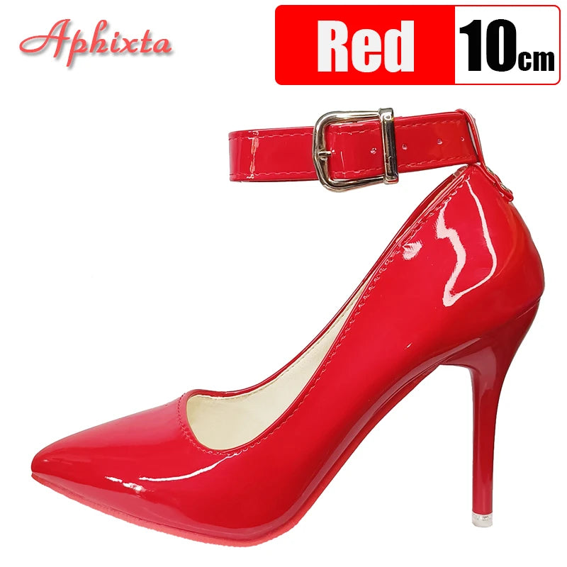 Aphixta - Zapatos de tacón de aguja con hebilla de metal para mujer, 10 cm/12 cm, para fiesta, con remaches, correa de hebilla, punta puntiaguda, talla 48, 49 y 50