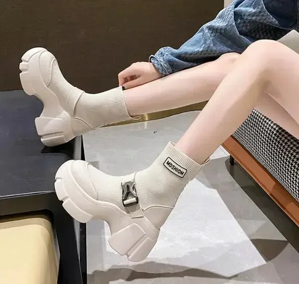 Botines de plataforma alta de 8 cm para mujer, botas cortas con suela gruesa y suela gruesa, antideslizantes, para motocicleta, para otoño