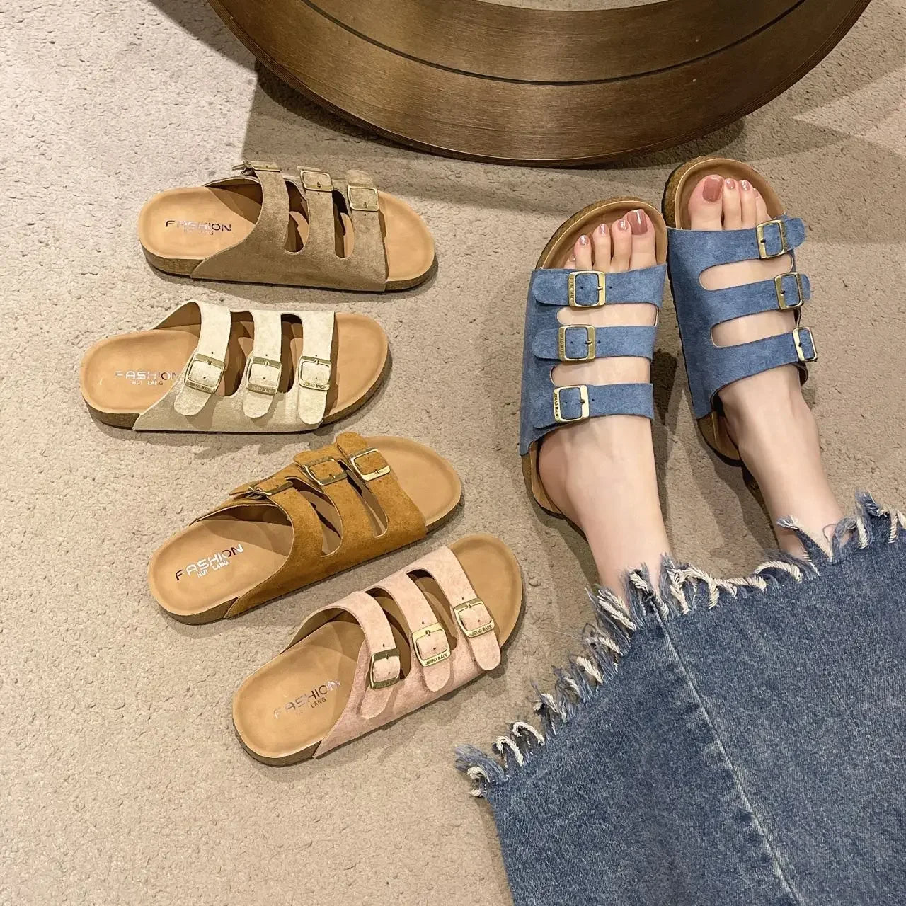 Zapatillas de verano para mujer, para uso en exteriores, de marca moderna, sandalias de playa, de madera suave, para conducir, para parejas, zuecos planos de una sola tira, para adultos, ocio S