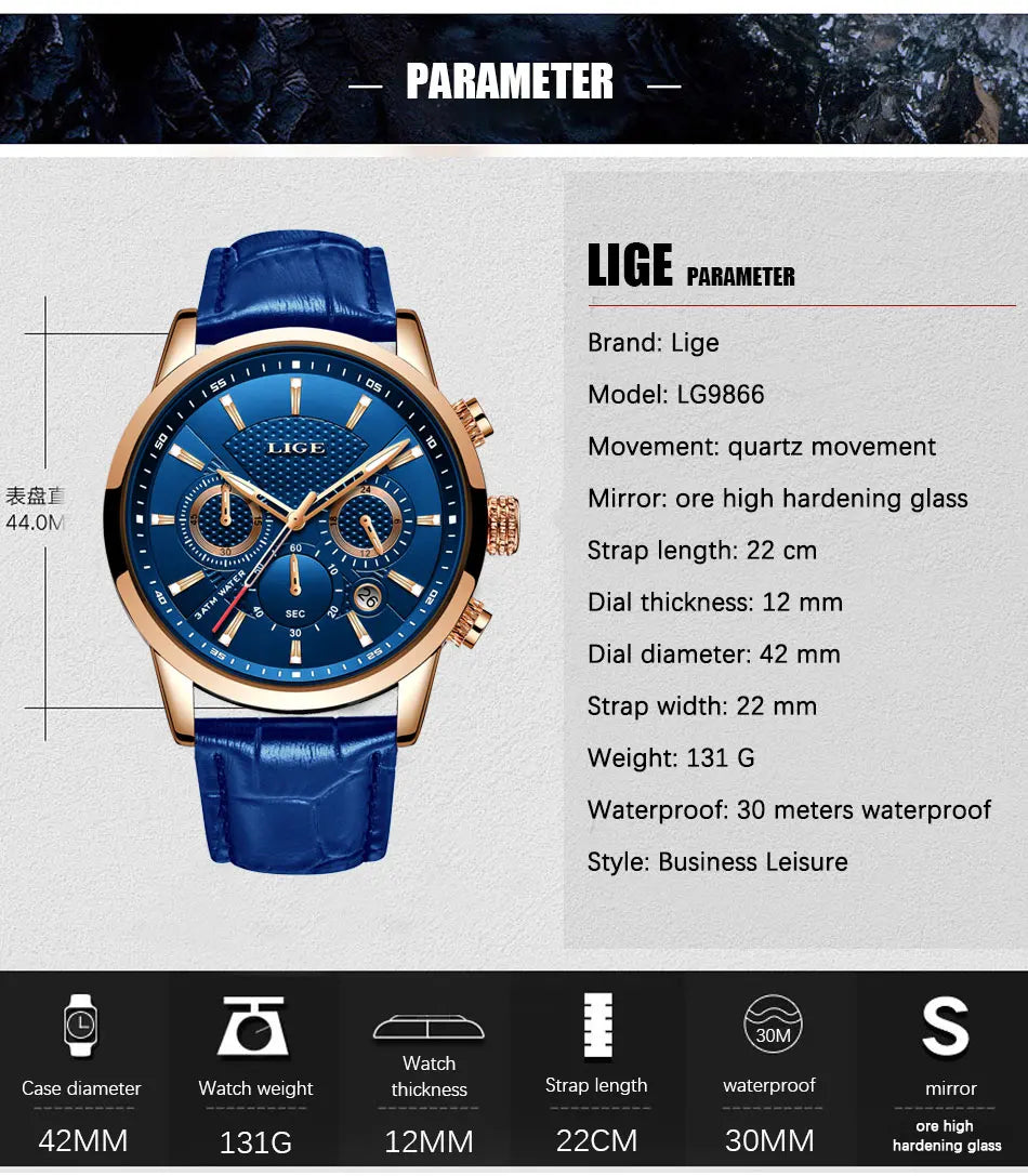 LIGE 2024 Reloj de lujo para hombre, reloj de cuarzo informal de negocios, reloj de pulsera de cuero a la moda para hombre, reloj impermeable para hombre