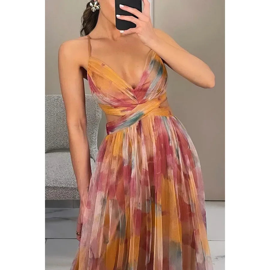 Sexy Hollow Out Party Dress, Women Summer Loungewear Fashion Printing Maxi Dress, Sleeveless Lace-Up Ladies Dress Vestido